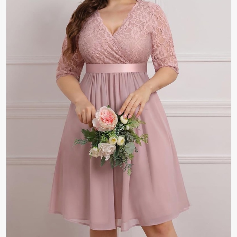 Pink A-Line Midi Dress with V-Neck and 3/4 Sleeves - Picture 3 of 4